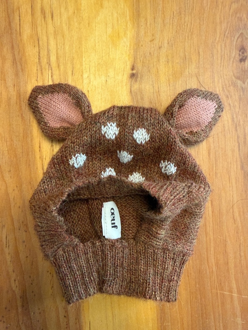 Oeuf Brown Knit Deer Ear Hat with White Spot Accents